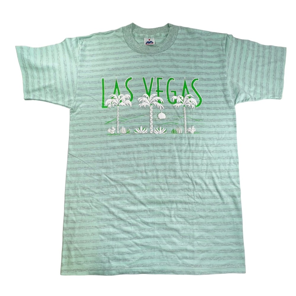 90s Vtg Shirt Puffy Print Las Vegas Single Stitch Palm Trees Striped Green